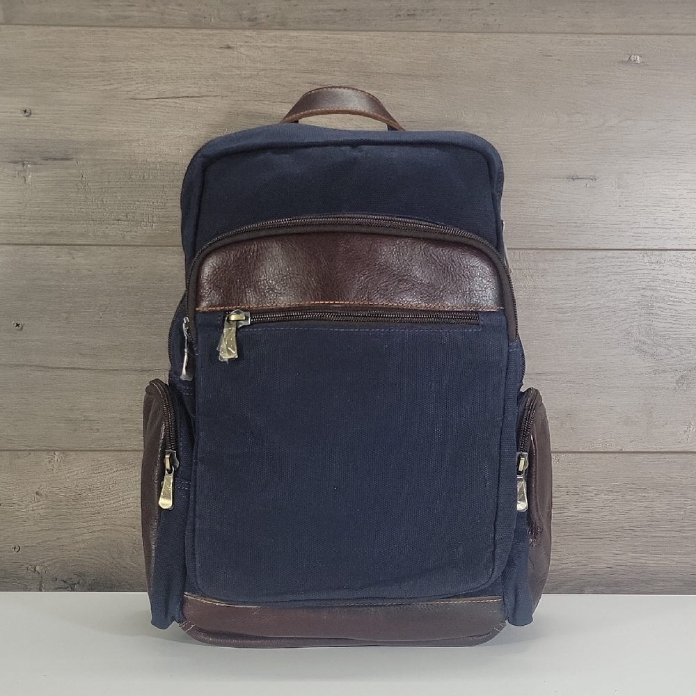 Men's Links & Kings Navy and Brown Canvas Leather Backpack New
